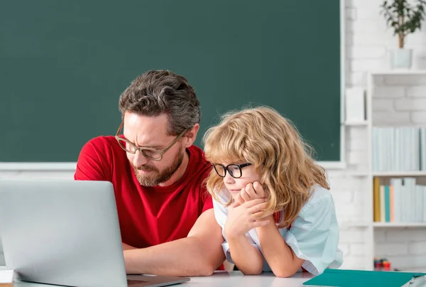 School Teacher Child Pupil Learning Laptop Computer Studying Online Education — Zdjęcie stockowe