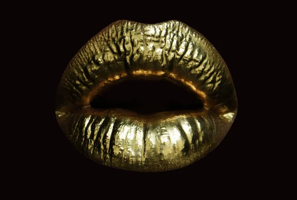 Золотые Губы Золотая Помада Сексуальных Губах Металлический Рот Красавица Макияж — стоковое фото