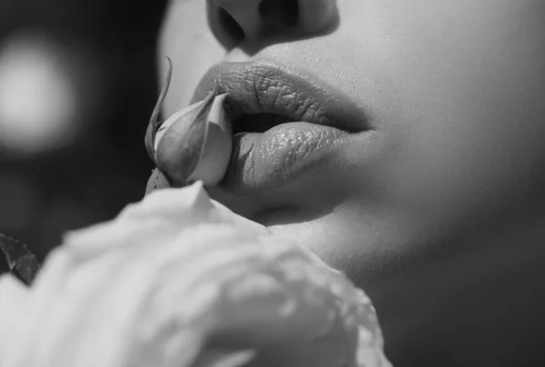 Σέξι Χείλη Ομορφιά Κόκκινα Χείλη Μακιγιάζ Λεπτομέρεια Χείλη Ανοιξιάτικα Λουλούδια — Φωτογραφία Αρχείου