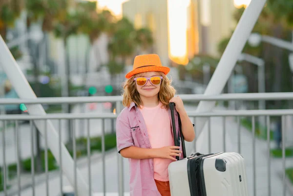 Travel Concept Happy Child Tourist Travel Bag Travelling Kid Suitcase — Stock Photo, Image