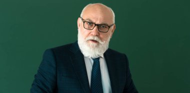 Kendine güvenen öğretmen ya da profesör. İnsanların bilim adamı mesleği konsepti. Boşluğu karatahtaya, tahtaya, panoya kopyala