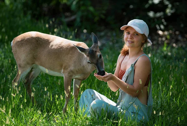 Unity Nature Girl Feed Deer Enviroment Protection Animals Care Woman — Stock Photo, Image