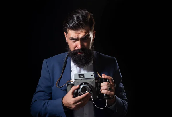 Fotógrafo Homem Bonito Confiante Com Uma Grande Câmera Profissional Idade — Fotografia de Stock