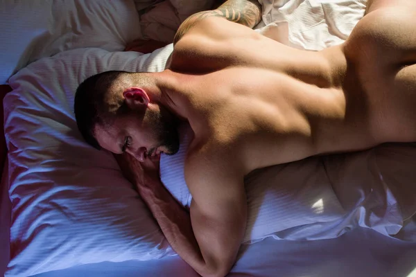 Jonge Sexy Man Een Bed Knappe Jongeman Met Naakt Lichaam — Stockfoto