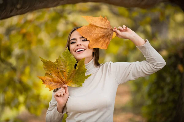 葉に紅葉した若い女性の肖像画 秋の美しい女の子の屋外 秋に黄色の葉を持つ官能的な女性 秋を背景に葉が顔の近くに美しい女性 — ストック写真