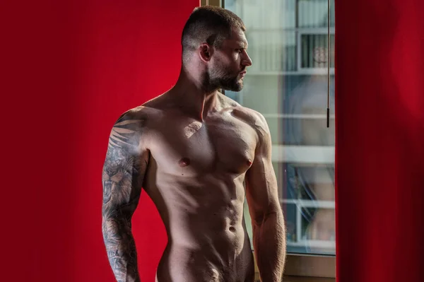 Handsome Muscular Man Bedroom Window Curtains Young Handsome Sexy Man — Stok fotoğraf