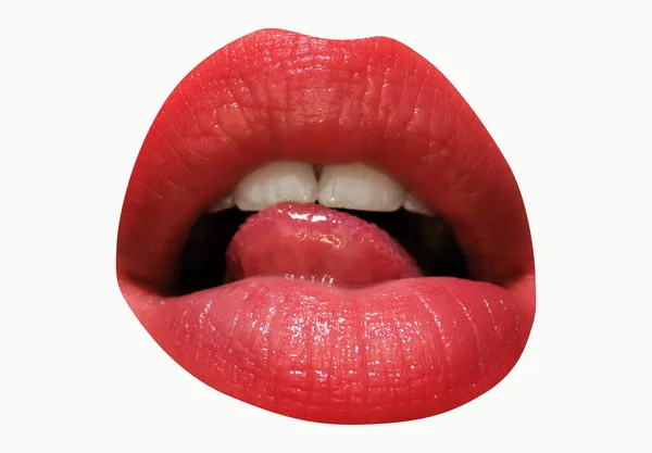 Gros Plan Bouche Femme Avec Lèvres Rouges Léchant — Photo