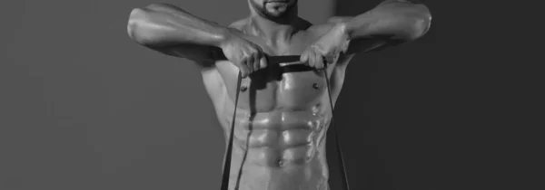 Workout Man Muscular Body Workout Expander Gripper Banner Templates Muscular — Stock Photo, Image