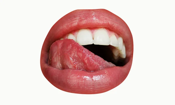 Närbild Perfekt Naturlig Läpp Kvinnlig Mun Med Tungan Fylliga Sexiga — Stockfoto