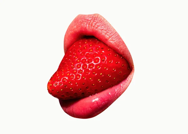 性感的草莓舌 粉红的唇被白色隔离 — 图库照片