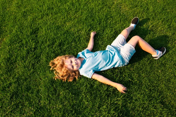 Happy Smiling Boy Relaxing Grass Top View Copy Space — Stock Photo, Image