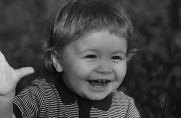 Portrait Cute Excited Boy Having Fun Garden Baby Face Close — Foto Stock