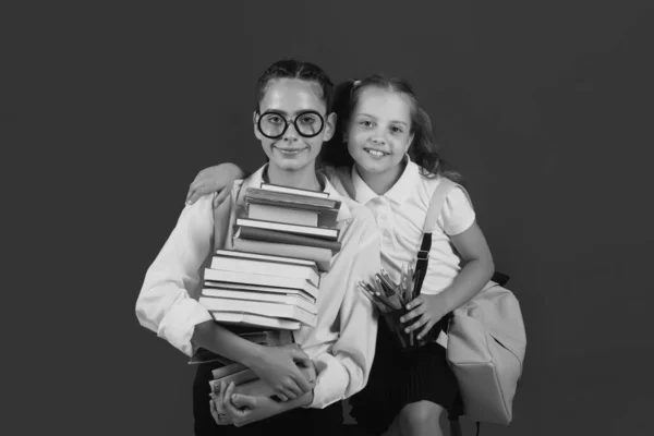 Little School Girl Pile Books Teen Student Carry Book Hard — Stock Photo, Image