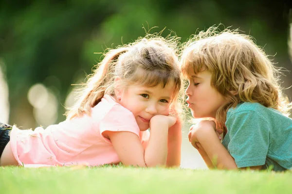 Adorable Happy Kids Outdoors Summer Day Little Boy Kissing Girl — Stock Photo, Image