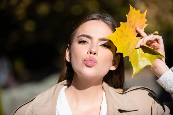 秋の公園の若い女性 暖かい晴天 秋のコンセプト 秋の黄色の葉を持つ幸せな女性の外 自然の中で美しい秋の時間 — ストック写真