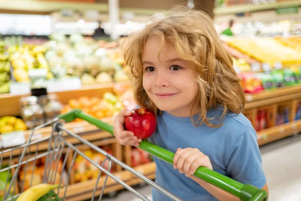 Nakupování Slevy Prodej Chlapec Nákupním Košíkem Dítě Obchodě Koncept Supermarketu — Stock fotografie