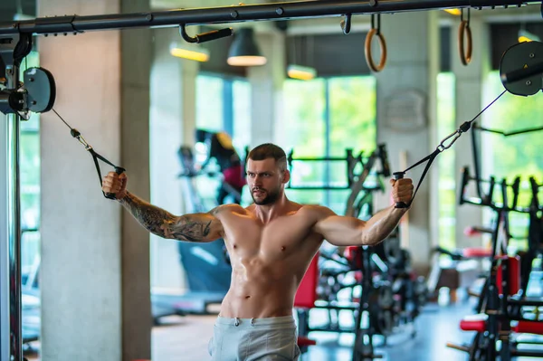 Handsome Fit Muscular Caucasian Man Workout Gym Weight Pumping Muscles — Stockfoto