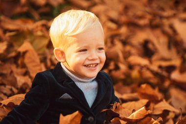 Sonbahar parkında düşen yapraklarla oynayan mutlu çocuk. Sonbahar rüyası. Çocuk sonbahar doğasında rüya görür. Çocukluk hayali konsepti. Hayalperest çocuk. Hayaller ve hayal gücü. Rüya gibi çocuklar.