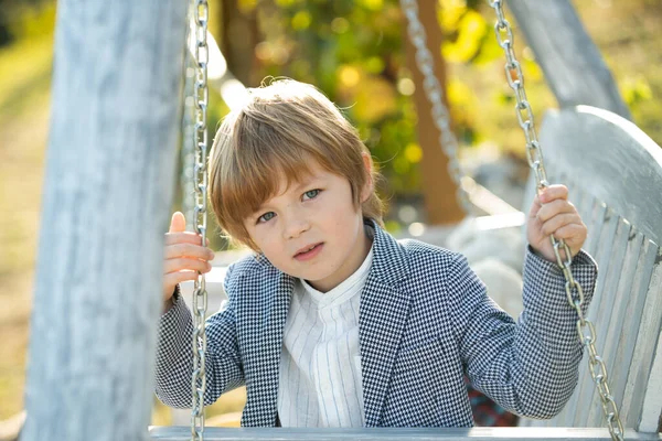 Little Kid Boy Sit Swing Lifestyle Portrait Cute Kid Outdoors — Stock Photo, Image