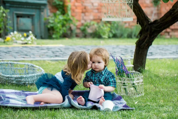 吃食人鱼的孩子可爱的孩子们爱 小女孩在公园外面亲吻小男孩 可爱的小宝宝在草地上 幼儿户外散步 家庭度假 夏季自然 — 图库照片