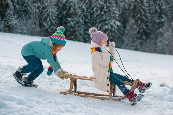 Cute Children Boy Girl Playing Winter Walk Nature Winter Knitted — Stock Photo, Image
