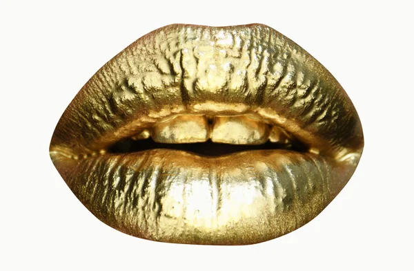 性感唇上的金色唇彩 金属嘴 美女化妆的特写 黄金金属唇 — 图库照片