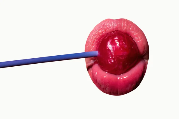 Şeker Yalıyorum Lolipop Modeli Kadın Dudakları Şeker Emiyor Kırmızı Dudaklı — Stok fotoğraf