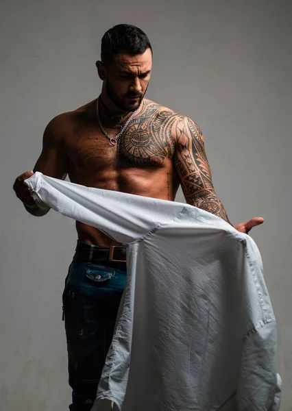Sexy Man Undressing Shirt Sexual Desire Sensual Guy — Stock Photo, Image
