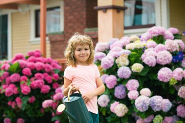 Çocuk, yaz günü bahçedeki çiçekleri sulama tenekesiyle suluyor.