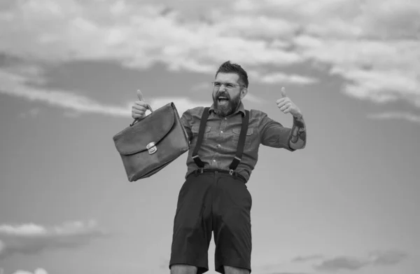 Funny Nerd Geek Have Idea Crazy Bearded Man Surprised Expression — Foto de Stock