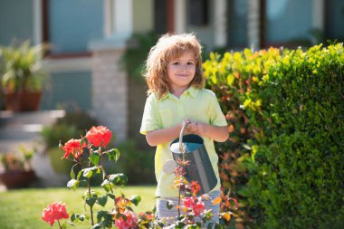 Arka bahçede bitkileri sulayan aktif bir çocuk. Çocuk bahçede bitki ve çiçek yetiştirmeye yardım ediyor.