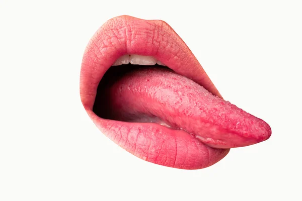 長い舌だ マクロ舌は唇をなめる 女性の口を閉じてください セクシーな舌だ 官能的な舐め — ストック写真