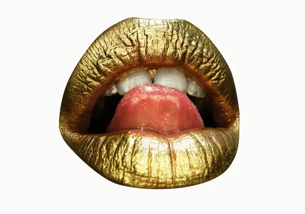 Fecho Batom Dourado Lábios Com Maquiagem Metálica Lábios Sexy Batom — Fotografia de Stock