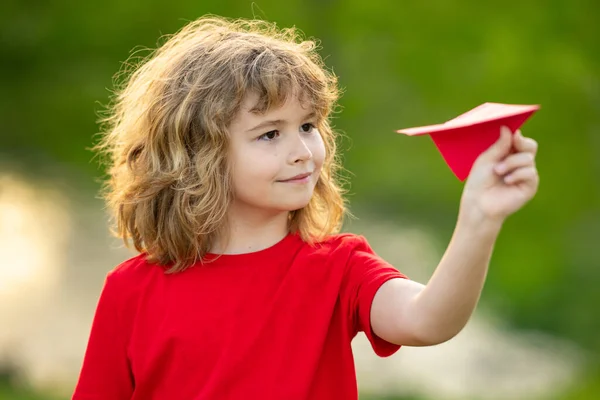 Kid Plane Cute Blonde Child Dreams Fly Playing Paper Plane — Stock Photo, Image