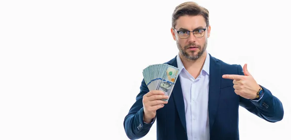 Takım Elbiseli Parası Olan Bir Adam Dolar Banknotları Amerikan Banknotlarını — Stok fotoğraf