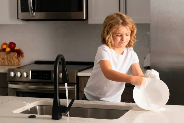 Child Housekeeper Washing Dishes Soapy Water Cute Funny Boy Washing — Stock Photo, Image