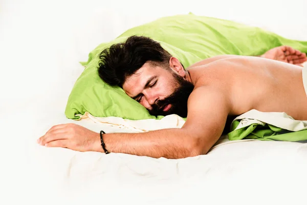 Yatakta Yastık Tutan Çekici Sakallı Adam Pijama Adam Uykulu Uyan — Stok fotoğraf