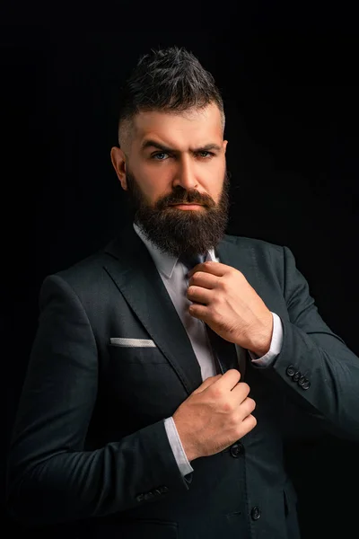 Bow-tie trend. Meeting suit. Boss. Businessman in dark grey suit with long beard. Man in classic suit, shirt and tie