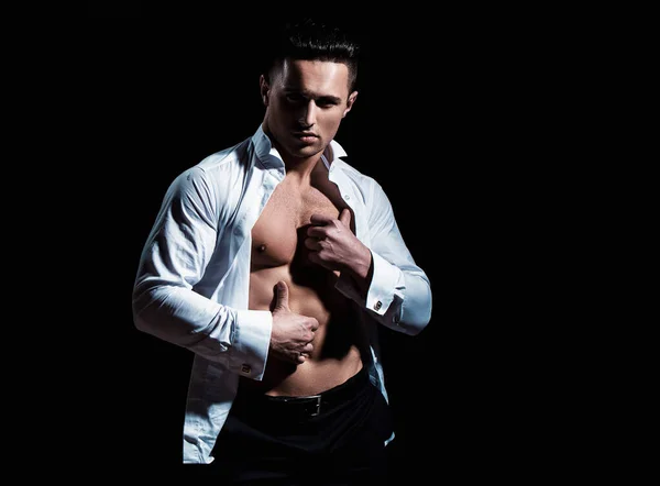 Handsome Male Model Guy Undressed White Shirt Studio Shot Fashionable — Stock Photo, Image