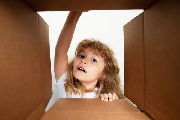 Cheerful Cute Child Opening Present Cardboard Boxes Parcels Delivery Service — Photo