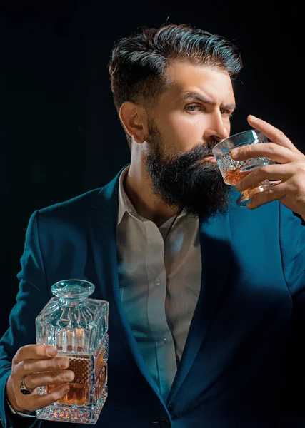 Sipping Whiskey Man Bartender Holding Glass Whisky Bearded Handsome Man — Stockfoto
