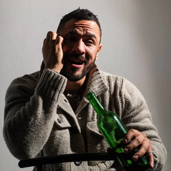 Alcoholic Man Bottles Wine Cry Depressed Crying Man Drunk Alcohol — Stock Fotó