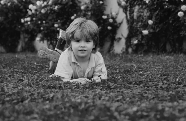 Happy Little Boy Lying Grass Spring Day Portrait Smiling Child — стоковое фото
