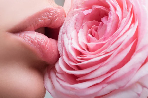バラと美しい女性の唇 美しい唇だ 化粧品の唇 化粧品の美 — ストック写真