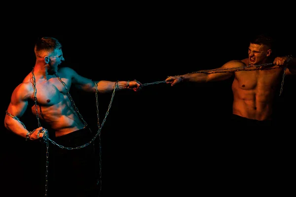 Two Men Broken Chains Holding Chain Sexy Torso Young Fitness — Stock Photo, Image