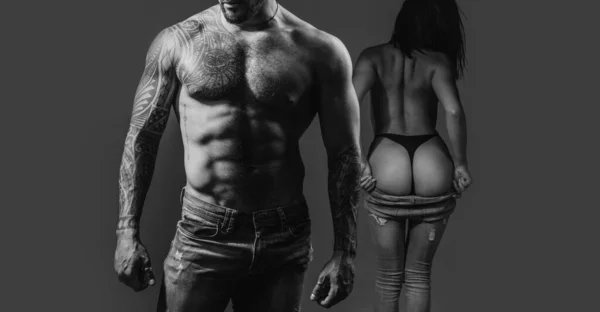 Obchod Džínama Tetovaný Sexy Muž Žena Úspěšný Mladý Pohledný Muž — Stock fotografie