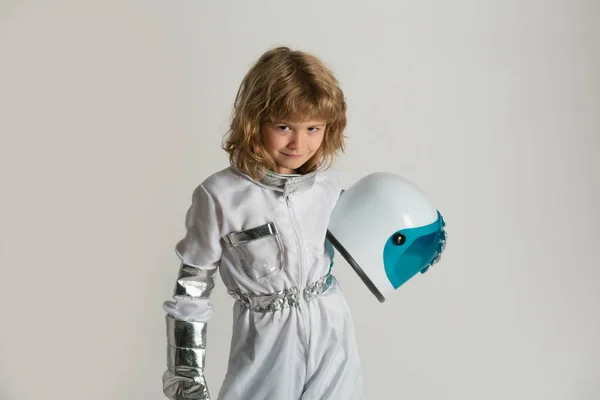 Small Child Wants Fly Space Wearing Astronaut Helmet Copy Space — Stock Photo, Image