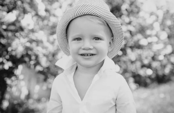Close Portrait Cute Little Boy Spring Park Happy Kid Having — Stock Photo, Image