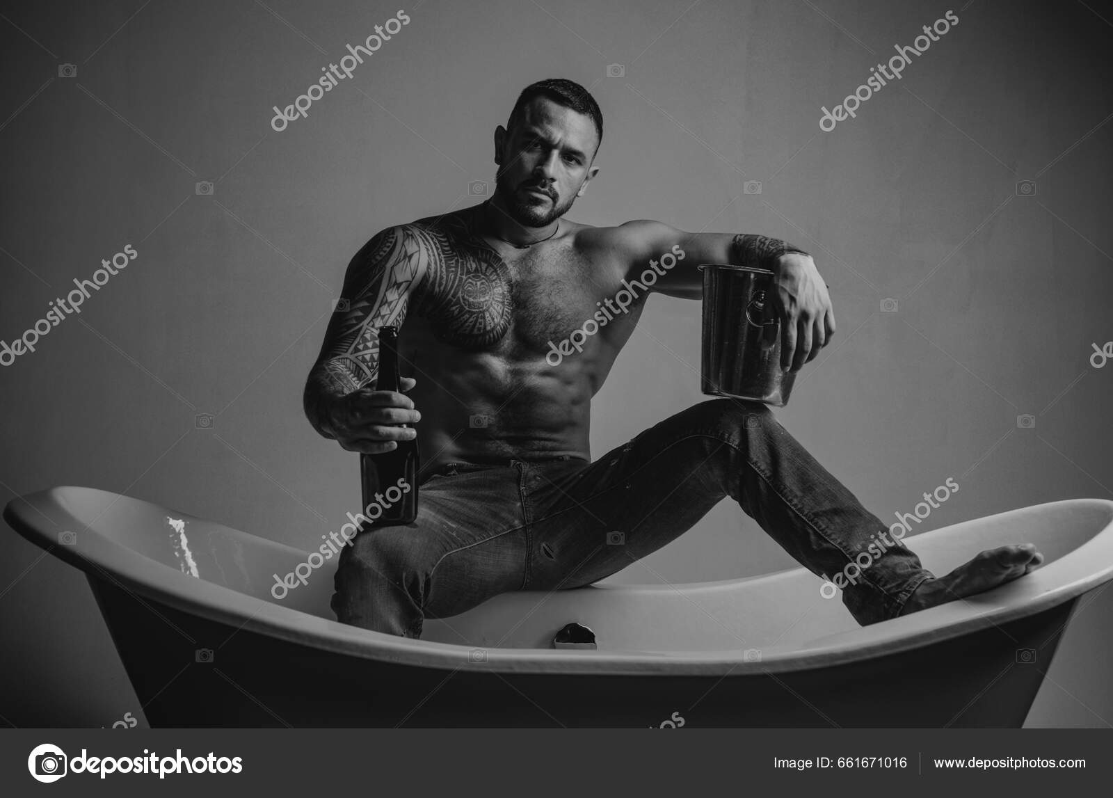 Sexy Seductive Muscular Man Sit Bathtub Men Holiday Champagne Celebrating Stock Photo by ©Tverdohlib 661671016