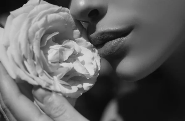 美しい女性の口 唇を丸めて 美しいです女性唇とともにローズ — ストック写真